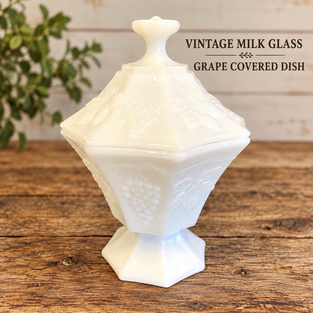 Vintage Milk Glass Candy Dish White Excellent Harvest Grape Hexagonal Lid